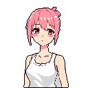 This pixel art features a surprised anime girl with short pink hair and flushed cheeks, rendered in a cute and innocent style. Her widened eyes and open mouth convey a sense of lighthearted confusion.