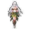 A pixel art female character with flowing white hair and leaf-based attire stands against a stark black background, embodying a mysterious nature spirit. Her earthy color palette and primal aesthetic create a captivating, isolated figure.