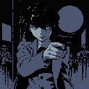 A pixel art woman in a suit jacket intensely aims a gun at the viewer. The monochromatic blue and black palette adds to the somber and potentially dangerous atmosphere.