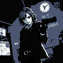A woman in a dark suit, armed with a handgun, stares intently at the viewer, radiating a dangerous and mysterious aura. Behind her, a blurred cityscape hints at a powerful organization, signified by the "MINAX" logo on a clock tower.
