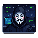 This pixel art portrait features a Guy Fawkes mask-wearing character with a surprisingly gentle expression and pink blush, set against a backdrop of glowing computer screens. The image blends the serious symbolism of Anonymous with a touch of playful digital intrigue.