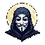 A pixelated bust depicts a "V for Vendetta"-esque figure in a Guy Fawkes mask, unexpectedly softened by pink blush marks and a saintly halo. The iconic image blends anonymity and rebellion with a touch of ironic sweetness.