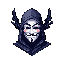 This pixel art features a stylized character wearing a Guy Fawkes mask and a dark hood adorned with antler-like structures. The iconic mask is unexpectedly softened by light pink blush marks, creating a unique blend of anonymity and playful charm.