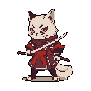 This pixel art depicts a stoic, samurai-inspired cat warrior, katana drawn and ready for battle. The detailed design and muted color palette evoke a sense of ancient strength and discipline.