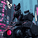 A sleek, armored black cat with piercing blue eyes perches atop a futuristic vehicle, a silent guardian in a vibrant, cyberpunk cityscape bathed in neon pink.