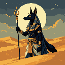 A pixel art image portrays Anubis, the jackal-headed Egyptian god, standing powerfully in the desert, clutching a golden staff under the light of a full moon. The piece evokes a sense of ancient mystery and reverence.