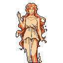 A serene pixel art woman with flowing hair, dressed in a light gown, points skyward with a calm expression. Rendered in warm orange and peach tones against a stark black backdrop, the image evokes a sense of tranquility and guidance.