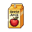 This pixel art depicts a cheerful carton of apple juice, complete with a striped straw and a bright apple illustration, evoking a sense of simple refreshment. The retro style and warm colors give it a nostalgic, inviting feel.