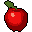 This pixel art piece showcases a vibrant red apple with a green stem and leaf, rendered with surprising depth against a stark black background. The simple yet effective design evokes a nostalgic, retro gaming feel.