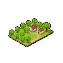 This pixel art shows two charming, thatched-roof houses connected by a sandy path within a lush, green landscape dotted with blossoming trees. The isometric view and earthy tones create a peaceful, idyllic scene of rustic tranquility.