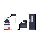 This pixel art showcases a collection of essential household appliances, including washing machine, stove, and two refrigerators, rendered in a simple, utilitarian style. The appliances are neatly arranged against a stark black backdrop.