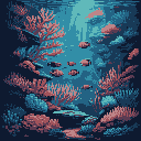 This pixel art scene captures the serene beauty of a coral reef, showcasing vibrant coral formations and a small school of fish swimming peacefully through the underwater environment.