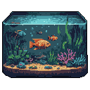 This pixel art aquarium features vibrant orange fish swimming amongst a diverse aquatic landscape, including colorful coral and swaying seaweed. The scene evokes a peaceful tranquility within its contained underwater world.