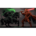 A spectral, green energy-infused knight on a skeletal steed clashes with a heavily armored warrior wielding a glowing red energy sword. The pixel art depicts a tense, epic battle between these fantastical figures.