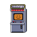 A pixel art arcade cabinet labeled "nostalgia" features a cheerful smiley face on its screen, evoking a sense of retro gaming fun. The machine's design, complete with red buttons and a joystick, blends cool greys with warm oranges and reds.