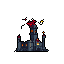 A dark pixel art fortress erupts in fiery destruction, its silhouette ominous against the black void. Orange light flickers from within, hinting at a catastrophic event unfolding within the castle walls.