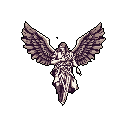A majestic, winged figure rendered in desaturated purple-brown tones dominates the image, its dynamic pose and intricate pixel work evoking a powerful and somber presence. The angel or valkyrie-like being, captured mid-flight or descent, exudes an aura of timeless strength and grace.