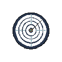 A pixel art target, featuring concentric rings and teal crosshairs, is narrowly missed by a diagonal brown arrow. The minimalist design focuses on the target against a stark black background.