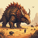 A colossal, armored, rhino-like creature with reddish-brown spikes dominates a barren landscape. The pixel art image captures the awe-inspiring presence of this ancient beast, dwarfing the tiny figures that share its domain.