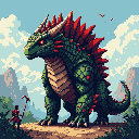 A colossal, green-scaled dragon towers over a lone, red-clad warrior in this pixel art scene, creating a dramatic clash of scale and power. The scene evokes a sense of epic fantasy with a retro gaming aesthetic.