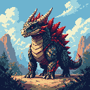 A powerful, horned dragon-like creature with red spikes stands stoically against a mountainous landscape. The pixel art style adds a retro gaming feel to this imposing beast in its fantastical habitat.