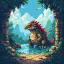 A stout, bipedal dragon with striking red spikes stands watchfully in a wild, overgrown landscape. This pixelated fantasy creature, rendered in earthy tones, evokes a sense of wonder and peaceful discovery.