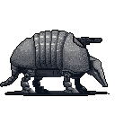 A heavily armored, armadillo-like biomechanical creature stands ready, its segmented carapace and mounted weapon hinting at formidable strength. Rendered in a classic pixel art style, the design evokes a sense of industrial resilience.