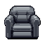 This pixel art presents a solitary armchair rendered in grayscale, its tufted details subtly highlighted against a stark, black void. The monochromatic palette and simple design evoke a somber and minimalist feel.