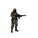 A lone, hooded soldier in camouflage stands vigilant, rifle in hand, conveying a sense of solitary duty and readiness. The pixel art's muted palette and detailed textures add to the serious and slightly ominous atmosphere.