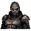 This pixel art bust showcases a heavily armored warrior in dark gray plate, accented with vibrant orange, against a stark black background. The formidable, helmeted figure evokes a sense of power and mystery, reminiscent of classic fantasy character portraits. The retro style and detailed armor create a serious and potentially ominous presence.
