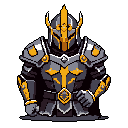 A pixel art knight, clad in detailed grey armor accented with gold, stands ready with clenched fists, exuding strength and mystery. The imposing helmet and downward gaze add to the figure's formidable presence. A golden cross prominently adorns the chest piece.