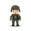 A pixel art soldier stands at attention, rendered in muted greens and browns with a nostalgic, militaristic feel. The soldier's detailed uniform and helmet are sharply contrasted against a stark black background.