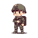 This pixel art features a chibi-style soldier in muted earth tones, standing at attention with a slightly apprehensive expression. The character's military attire and backpack hint at a serious role, softened by the cute, simplified design.