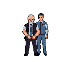 This pixel art depicts two stoic law enforcement officers, an older, bearded veteran and a younger partner, standing ready for duty. Their serious expressions and professional attire suggest a procedural or investigative setting.