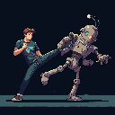 A young martial artist delivers a powerful kick to a retro-futuristic robot in this dynamic pixel art scene. The action-packed confrontation is set against a simple gradient background.
