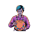 A melancholic pixel art portrait depicts a teal-haired artist in a lavender shirt and white apron, holding an orange palette dotted with vibrant paints. The image captures a somber mood through the artist's expression and the muted color scheme, highlighting the introspective nature of the creative process.