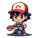 Pixel art Ash Ketchum is captured in a dynamic pose, Poké Ball in hand, embodying his determined spirit as a Pokémon trainer. The classic, muted color scheme evokes a nostalgic feel, highlighting Ash's readiness for battle.