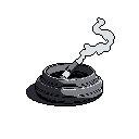 This pixel art piece features a lit cigarette resting in a ridged, metallic ashtray, its smoke curling against a stark black background. The monochromatic palette and solitary subject evoke a quiet, contemplative mood.