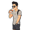 A pixel art portrait captures a relaxed young man drinking from a cup, styled with sunglasses, a t-shirt, and a backpack. The muted color palette and simple design create a contemporary feel.
