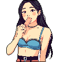 A pixel art portrait captures a young woman enjoying a light orange popsicle, her relaxed posture and upward gaze creating an intimate and nostalgic moment. The warm color palette highlights her peach skin and blue bralette against a stark background.