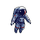 A lone astronaut drifts serenely in the infinite blackness of space, the pixelated details of their suit hinting at both nostalgia and the timeless allure of space exploration. The cool color palette and subtle highlights create a sense of wonder and peaceful isolation.