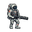 A heavily armored astronaut stands ready against a stark black void, gripping a massive multi-barreled weapon. The figure's American flag patch and serious stance suggest a mission beyond simple exploration.