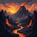 This pixel art depicts a towering volcano erupting with fiery lava, which flows down a winding valley, creating a scene of epic scale and raw natural power. The vibrant contrast between the hot lava and the dark, rocky landscape evokes a dramatic and awe-inspiring mood.