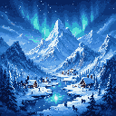 This pixel art depicts a serene, snow-covered mountain village nestled in a valley under a dazzling display of aurora borealis. The village houses with snow-laden roofs scatter warm light, suggesting inhabitants or warmth within the wintry scene. The overall vibe of the image is peaceful, majestic, and enchanting, evoking a sense of tranquil wonder.