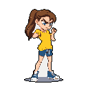 A determined pixel art woman with brown hair in a ponytail is ready for a fight, fists raised and eyes focused. She's clad in a yellow t-shirt, blue shorts, and blue and white sneakers, projecting an energetic and combative vibe.