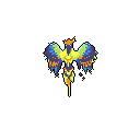 A vibrant, pixelated phoenix bursts forth, its bright yellow, blue, and orange plumage radiating energy against a stark black backdrop. This mystical bird, depicted from above with outstretched wings, embodies power and light in a retro-inspired style.