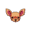 This pixel art portrait captures the subtly sad expression of a chihuahua-like dog with prominent ears. Rendered in warm, earthy tones against a stark black background, the image evokes a feeling of quiet contemplation and nostalgic charm.