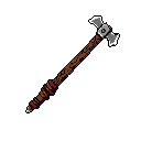 This pixel art showcases a formidable war hammer, rendered in earthy tones and metallic grays, ready for battle. Its detailed design, from the sharp, reflective blades to the worn wooden handle, evokes a sense of practical danger. This weapon is a stark reminder of medieval or fantasy warfare.