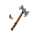 This pixel art showcases a detailed, double-bladed axe with a medieval aesthetic, rendered in shades of brown and gray against a stark black background. A small red accent hints at past battles, while a detached piece suggests the weapon's weathered history.