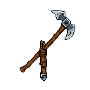 This pixel art showcases a detailed double-bladed axe, complete with a smaller attached tool and blood-like stains, suggesting a history of rugged use and danger.